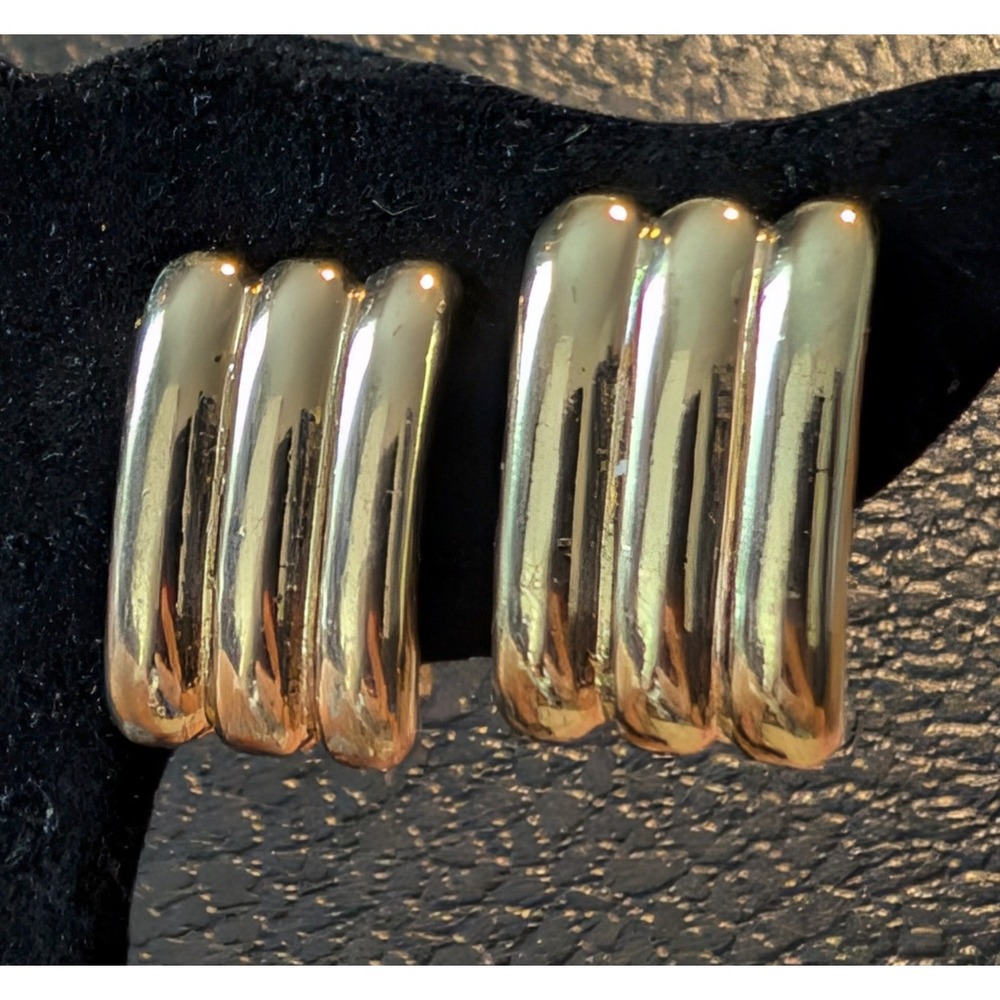 Vintage Gold Clip On Earrings Triple Ribbed Rectangular Chunky